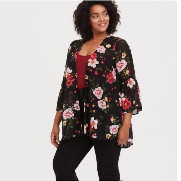 Black Floral Chiffon Kimono - Picture 2 of 4